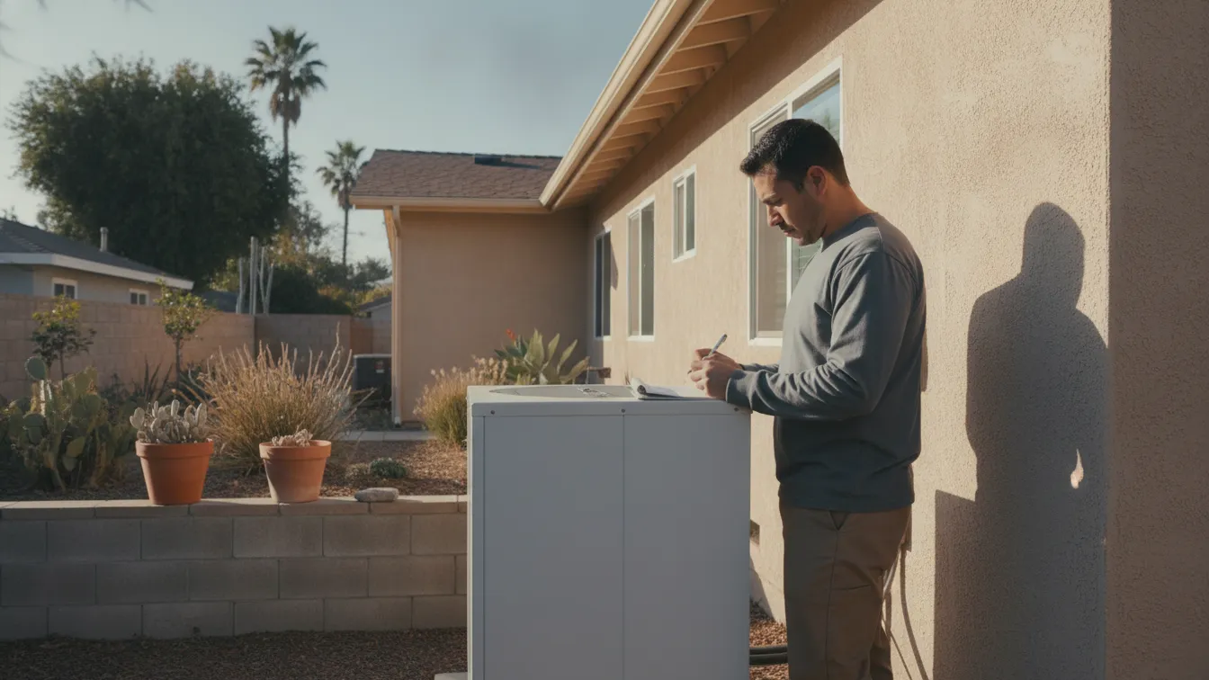A technician taking notes beside an outdoor heat pump behind a house