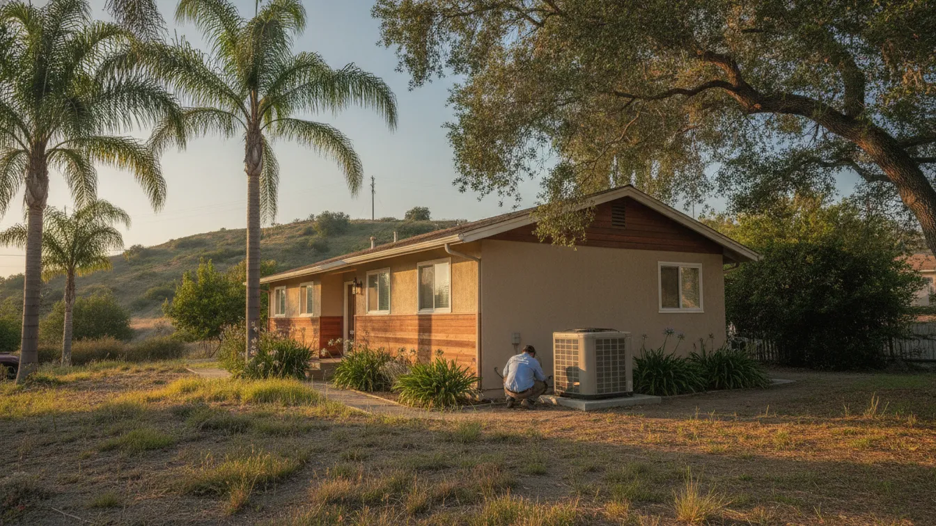 A technician at an outdoor air conditioning unit beside a ranch house on a hillside lot